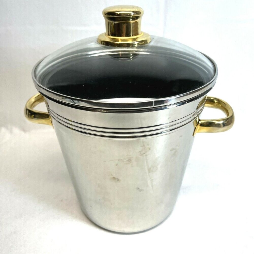 Stainless And Brass Ice Bucket 8.5" Tall, Brass Handles, Glass Lid, Liner